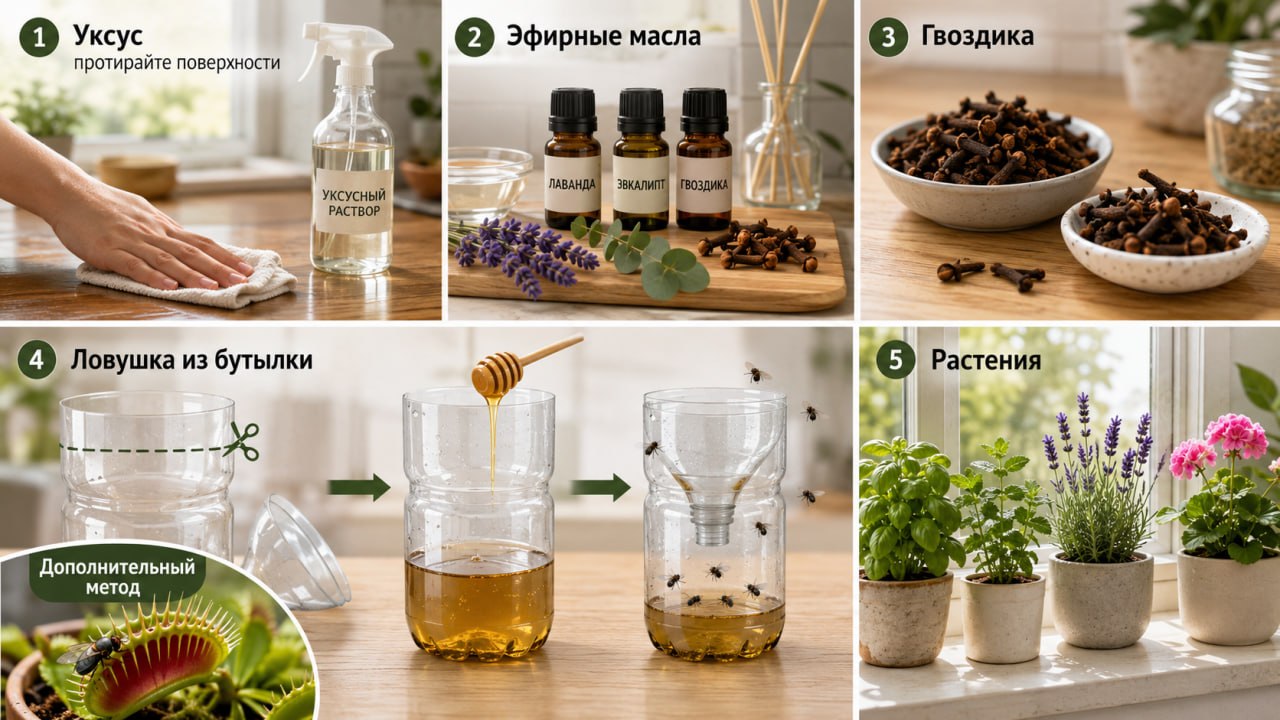 Народные отпугиватели и самодельные ловушки: уксус, эфирные масла, гвоздика и бутылочная приманка с сахаром